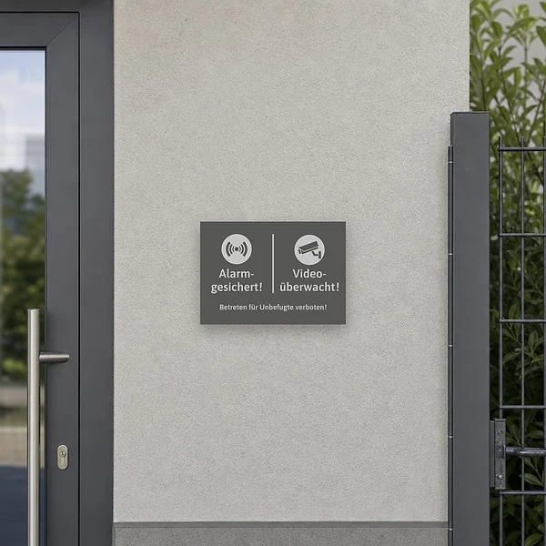 Querformat-Schild mit den Symbolen für Alarm und Videoüberwachung und dem Text für Unbefugte verboten.