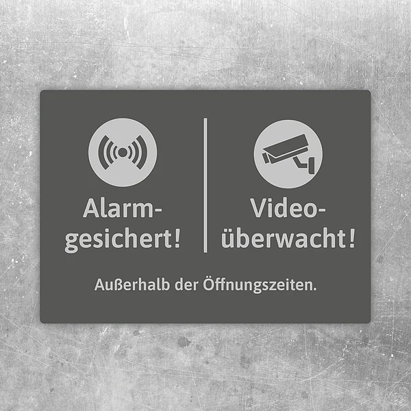 Aufkleber mit Alarm- und Videoüberwachungs-Hinweis außerhalb der Öffnungszeiten