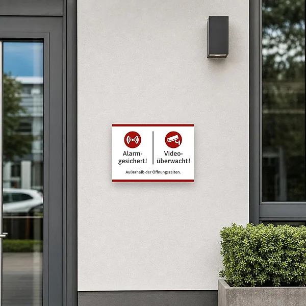 Querformat-Schild mit rotem Alarm- und Kamera-Symbol sowie dem Text alarmgesichert und videoüberwacht.
