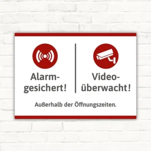 Schild mit den Hinweisen alarmgesichert und videoüberwacht außerhalb der Öffnungszeiten.