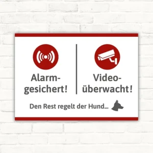 Schild mit Alarm- und Videohinweis sowie Hundesymbol für Eingang und Grundstück.
