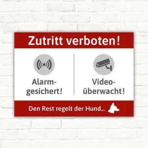 Schild mit Video-Alarm-Hund Motiv und deutlicher Zutrittswarnung.