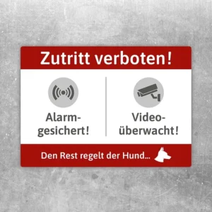 Aufkleber mit Video-Alarm-Hund Motiv und deutlicher Zutrittswarnung.
