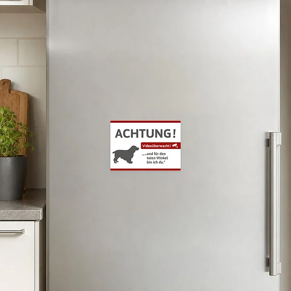Seitlicher Aufkleber mit Cocker-Spaniel, Text Videoüberwacht und Hinweis auf einen überwachten Bereich.
