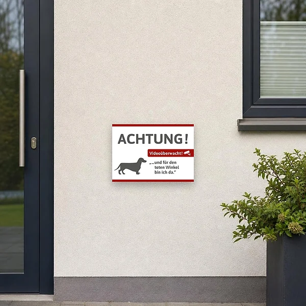 Dackel-Schild mit Videohinweis und dem Text Achtung für Eingang, Tor oder Hof.