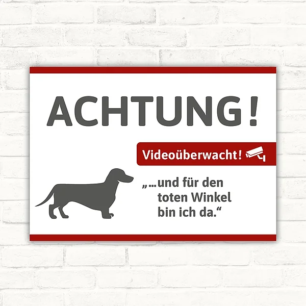 Schild mit Dackel und Videoüberwachungs-Hinweis für Tür, Zaun oder Eingang.