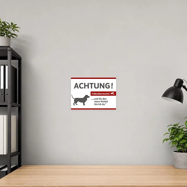 Querformatiger Aufkleber mit Basset und dem Hinweis „Achtung! Videoüberwacht!“ für Türen und Einfahrten.
