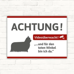 Schild mit Yorkshire-Terrier und Videoüberwachungshinweis für Eingang oder Fenster.