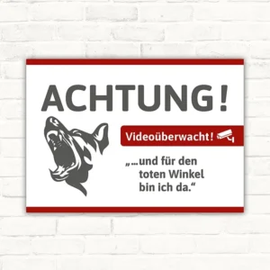 Schild mit Hund-Video-Wachhund-Motiv und auffälligem Warnhinweis für Eingänge und Grundstücke.