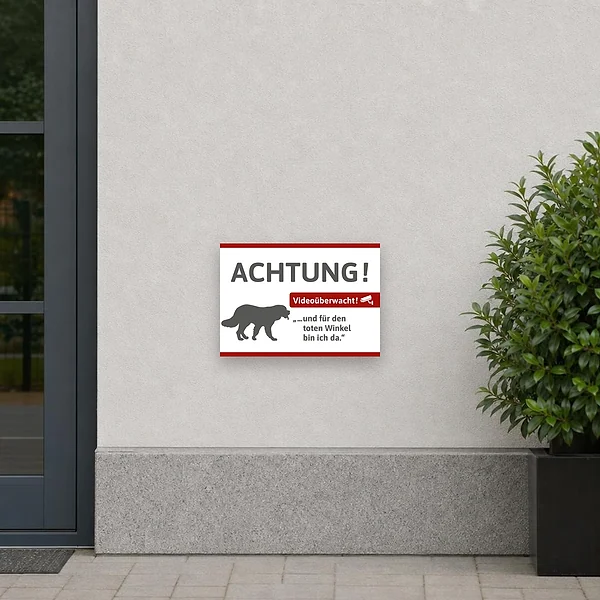 Warnender Schild mit Bernhardiner und Text Achtung Videoüberwacht für Tür, Tor oder Zaun.