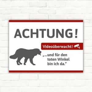 Schild mit Bernhardiner-Silhouette und dem Hinweis Videoüberwacht für Eingänge und Grundstücke.