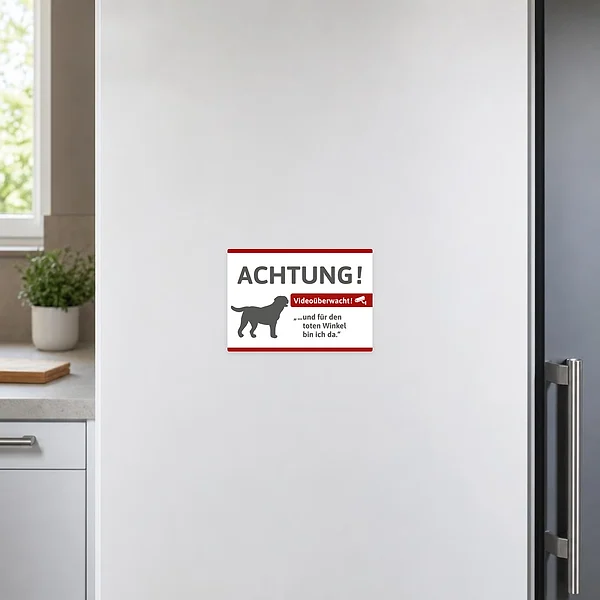Labrador-Hinweisaufkleber für Haus, Zaun oder Eingang mit klarer Videoüberwachungs-Botschaft.