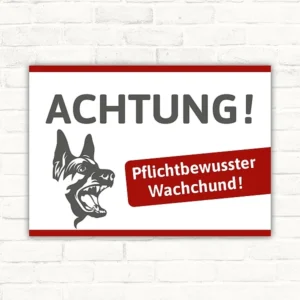 Schild mit Schäferhund und Hinweis auf einen wachsamen Wachhund für Tor oder Eingang.