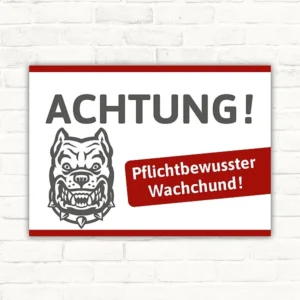 Schild mit weißer Wachhund-Bulldogge und deutlicher Hinweiswirkung für Eingang, Tor oder Zaun.