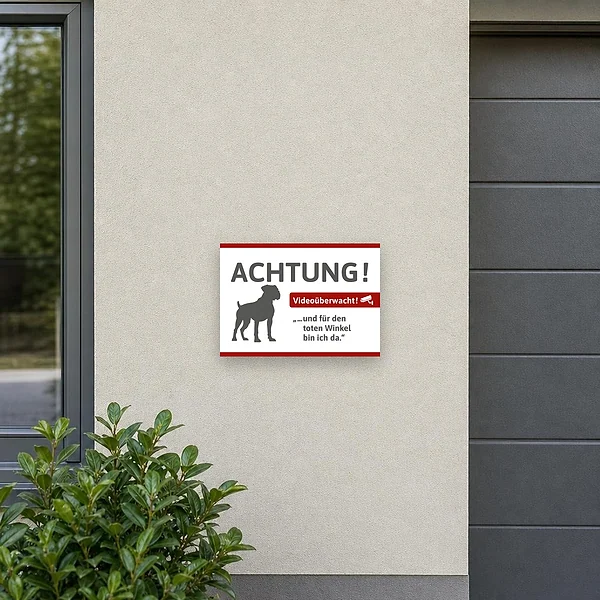 Auffälliger Schild Hund-Video-Boxer als Hinweis an Tür, Tor oder Grundstückseingang.