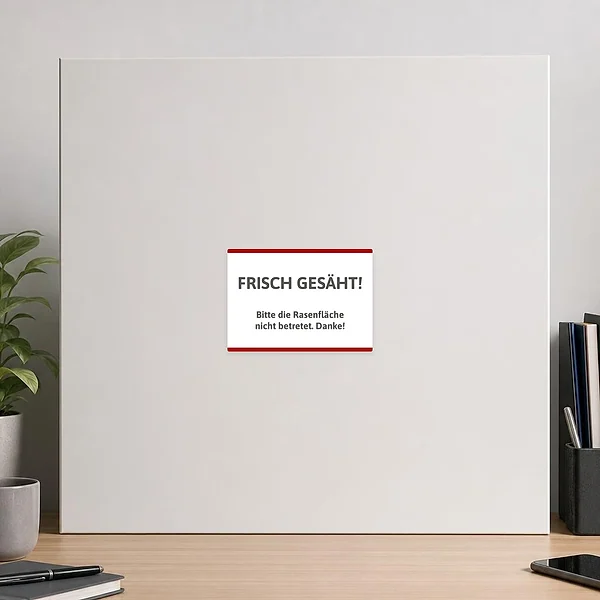 Querformat-Aufkleber mit der Aufschrift „Frisch gesäht! Bitte die Rasenfläche nicht betreten. Danke!“ für neue Rasenflächen.