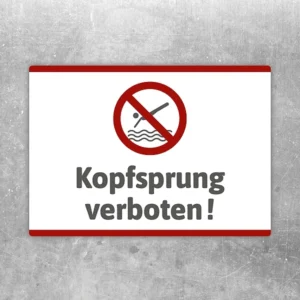 Aufkleber mit dem Hinweis Kopfsprung verboten und einem klaren Verbotssymbol für Schwimmbadbereiche.