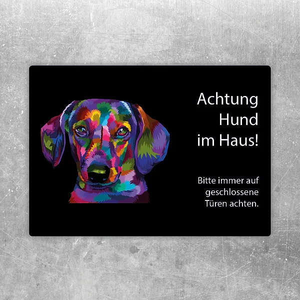Aufkleber mit farbigem Dackel und dem Hinweis „Achtung Hund im Haus“ für Türen und Eingänge.