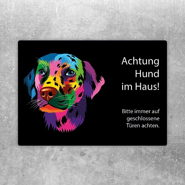 Aufkleber mit buntem Dalmatiner und dem Hinweis: Achtung Hund im Haus.