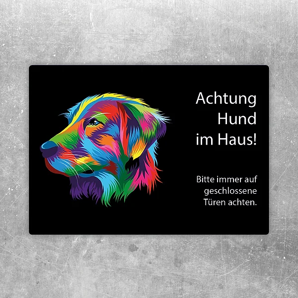 Aufkleber mit farbigem Retriever und dem Hinweis Achtung Hund im Haus.