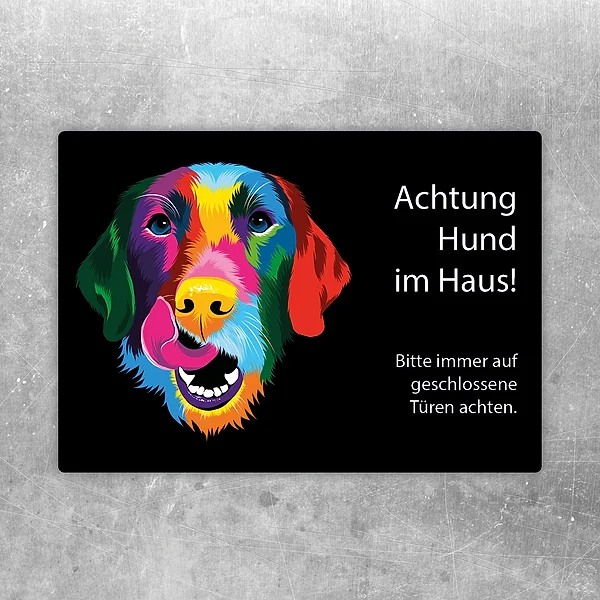Aufkleber mit farbigem Setter und dem Hinweis Achtung Hund im Haus für die Haustür.