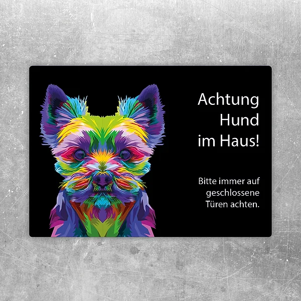 Aufkleber mit buntem Yorkshire Terrier und dem Hinweis „Achtung Hund im Haus!“ für Türen und Eingänge.