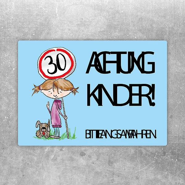 Aufkleber mit Kindersymbol und der Aufschrift Achtung Kinder 30 Bitte langsam fahren.