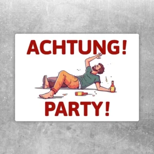 Aufkleber mit dem lustigen Hinweis Achtung Party für Tür, Raum oder Barbereich.