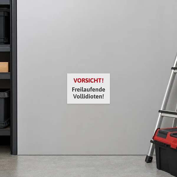 Humorvoller Aufkleber mit roter Warnzeile und dem Text Vorsicht Freilaufende Vollidioten.