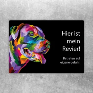 Aufkleber mit Rottweiler und dem Hinweis „Hier ist mein Revier! Betreten auf eigene Gefahr“