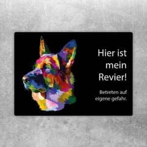 Aufkleber mit Schäferhund und dem Hinweis Hier ist mein Revier, Betreten auf eigene Gefahr.