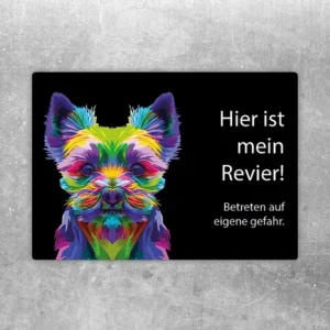 Aufkleber mit bunt gestaltetem Yorkshire Terrier und dem Hinweis: Hier ist mein Revier.