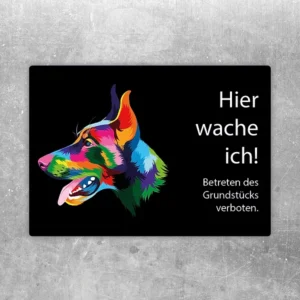 Dobermann-Aufkleber mit dem Text Hier wache ich für Haustür, Tor oder Zaun.
