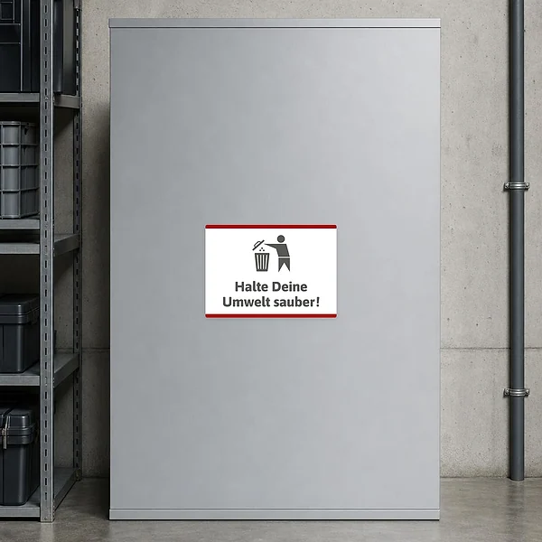 Bedruckter Hinweisaufkleber mit Mülltonnenmotiv und Text „Halte Deine Umwelt sauber“ für saubere Bereiche.