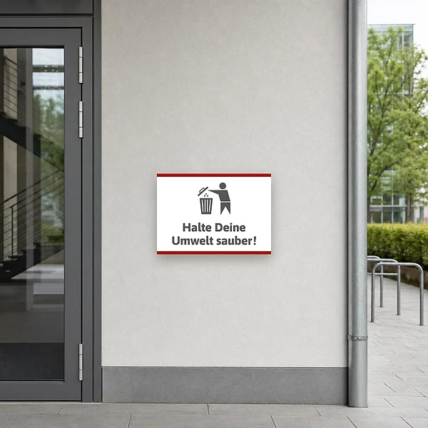 Bedruckter Hinweisschild mit Mülltonnenmotiv und Text „Halte Deine Umwelt sauber“ für saubere Bereiche.