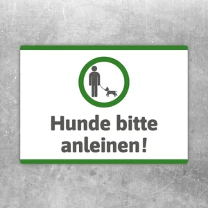 Aufkleber mit dem Hinweis Hunde bitte anleinen für Eingänge und Hofbereiche.