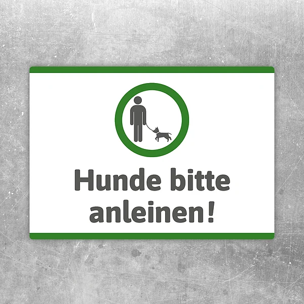 Aufkleber mit dem Hinweis Hunde bitte anleinen für Eingänge und Hofbereiche.