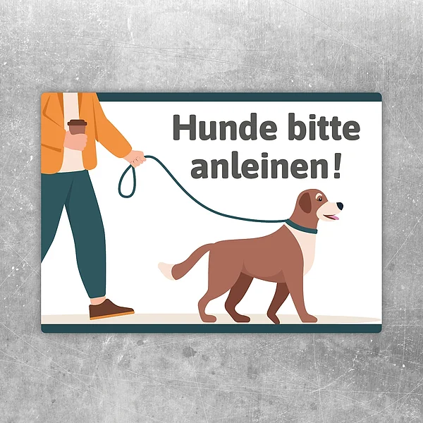 Aufkleber mit dem Hinweis Hunde bitte anleinen für Eingänge und Wege.