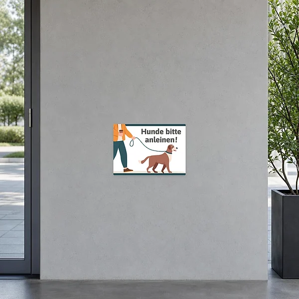Illustrativer Aufkleber mit angeleintem Hund und dem Text Hunde bitte anleinen.