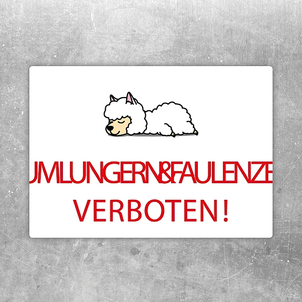 Aufkleber mit liegendem Lama und dem Spruch Rumlungern und Faulenzen verboten.