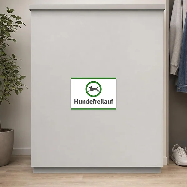Querformatiger Aufkleber Hundefreilauf mit Hundesymbol für Freilaufflächen, Hundewiesen und Hundezonen.