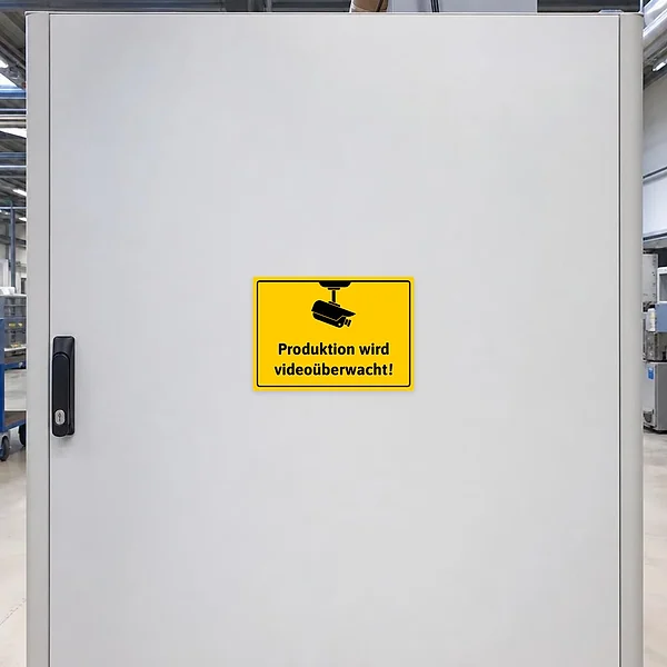 Gelber Aufkleber mit Kamera-Icon und Text „Produktion wird videoüberwacht“ für Produktionsbereiche und Betriebseingänge.