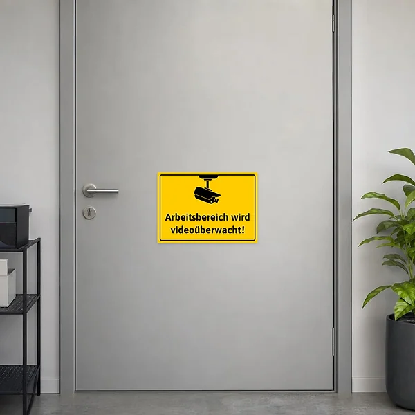 Gelber Aufkleber für den Arbeitsbereich mit Kamerasymbol und deutlich sichtbarem Videoüberwachungshinweis.