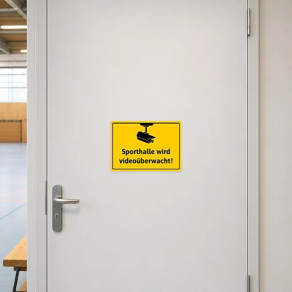 Aufkleber mit Warnhinweis zur Videoüberwachung an einer Sporthalle mit Kamerasymbol.