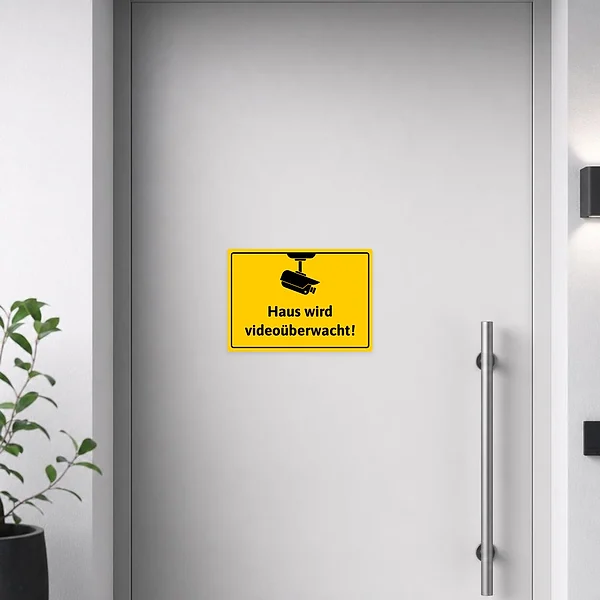 Warnaufkleber für das Haus mit Kamerasymbol und dem Text Haus wird videoüberwacht.