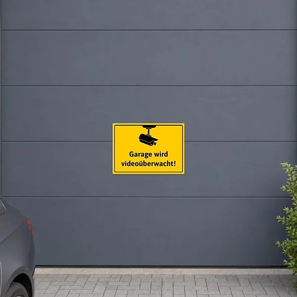 Gelber Aufkleber mit Kamerasymbol und Hinweis „Garage wird videoüberwacht“ für Zufahrt oder Garage.