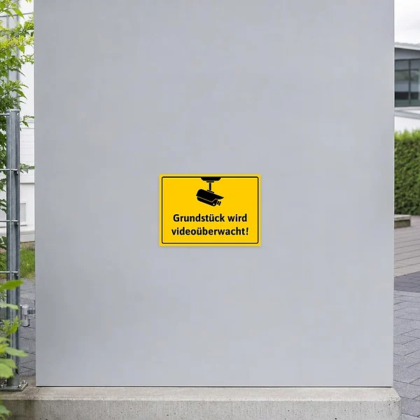 Warnaufkleber mit Überwachungskamera und dem Hinweis „Grundstück wird videoüberwacht“ für Tor oder Einfahrt.