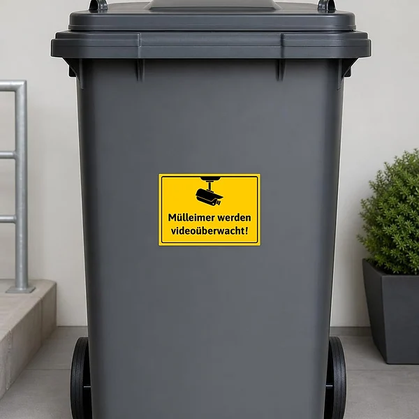 Gelber Warnaufkleber für den Müllbereich mit Kamerasymbol und Text zur Videoüberwachung.