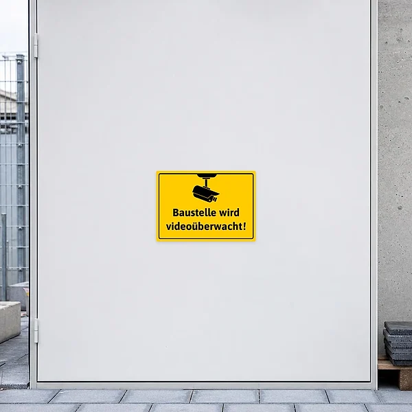 Warnaufkleber mit Videoüberwachungssymbol für den Einsatz an Baustellenzugängen und Bauzäunen.