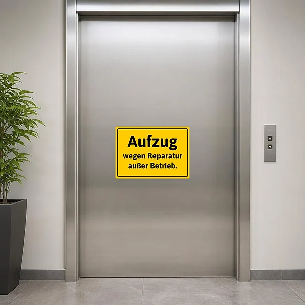 Gelber Aufkleber mit schwarzem Text: Aufzug wegen Reparatur außer Betrieb.